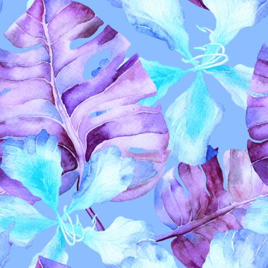 Yaz döngüsü. Suluboya tropik çiçekler ve canavar yaprakları. Palm ve Hibiscus ormanları pürüzsüz. Bahar Hawaii suluboya geçmişi. Avuç içleri, canavarlar, mayo izleri..