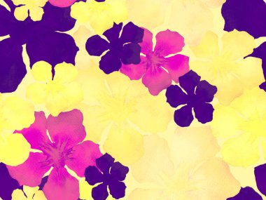 Hawaii suluboya deseni. Sarı turuncu tropikal desensiz çiçek deseni. Hibiscus ve zakkum Hawaii 'de. Aloha mayo tasarımı. Egzotik buket moda illüstrasyonu. Suluboya yatay fayans.