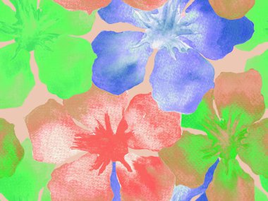 Hawaii suluboya deseni. Gökkuşağı çiçekli tropikal iz. Hibiscus ve zakkum Hawaii 'de. Aloha mayo tasarımı. Egzotik buket moda illüstrasyonu. Suluboya yatay fayans.