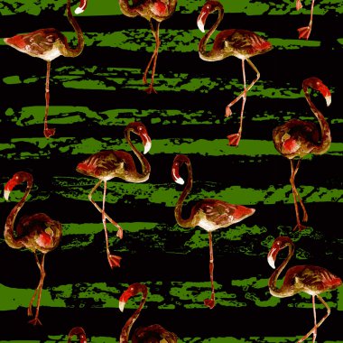 Flamingo deseni. Tropik yaz yeşili siyah baskı. Kuşlarla dolu egzotik bahar tekstil arka planı. Moda Hawai Ormanı tekrar eden pürüzsüz fayanslar. Çizgili botanik mayo tasarımı. Miami Vahşi Hayatı.