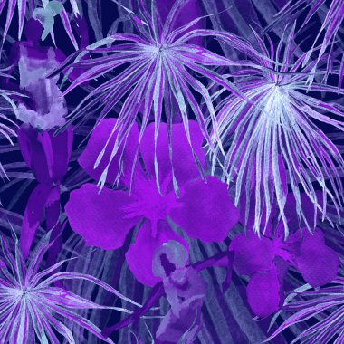 Yaz plajı deseni. Mayo giymiş insanlar egzotik palmiye, yaprak ve çiçeklerin arasında duruyorlar. Ultraviyole kız izi. Tropik Hawai suluboyası, pürüzsüz fayans. Bikini Miami, güneşlenen kızlar.. 