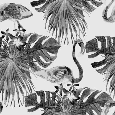 Flamingo deseni. Tropik yaz siyah beyaz baskısı. Kuşlarla dolu egzotik bahar tekstil arka planı. Moda Hawai Ormanı tekrar eden pürüzsüz fayanslar. Palm Botanik mayo tasarımı. Miami Vahşi Hayatı.