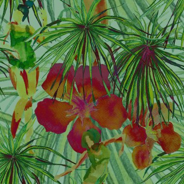 Yaz plajı deseni. Mayo giymiş insanlar egzotik palmiye, yaprak ve çiçeklerin arasında duruyorlar. Yeşil turkuaz parmak izi. Tropik Hawai suluboyası, pürüzsüz fayans. Bikini Miami, güneşlenen kızlar.. 