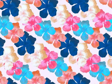 Hawaii suluboya deseni. Ultraviyole çiçekli tropikal dikişsiz iz. Hibiscus ve zakkum Hawaii 'de. Aloha mayo tasarımı. Egzotik buket moda illüstrasyonu. Suluboya yatay fayans.