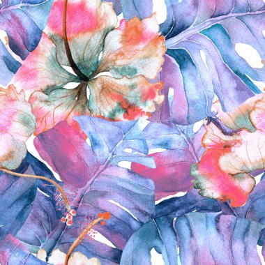 Tropikal desen. Suluboya egzotik çiçekler ve canavar yaprakları. Palm ve Hibiscus bitkileri kusursuz desende. Bahar Hawaii suluboya geçmişi. Tropik palmiyeler, canavarlar, çiçek desenleri..