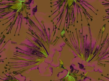 Kalın Çiçek deseni. Kahverengi Arkaplanda Büyük Hawaii Kusursuz Parmak izi, Kara Arkaplan. Büyük Orman Yaz Sulu Tutku Meyvesi Sonsuz Arkaplan. Modern Kalın Çiçek Deseni.