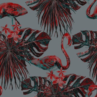 Flamingo deseni. Tropik yaz yeşili kırmızı iz. Kuşlarla dolu egzotik bahar tekstil arka planı. Moda Hawai Ormanı tekrar eden pürüzsüz fayanslar. Palm Botanik mayo tasarımı. Miami Vahşi Hayatı.
