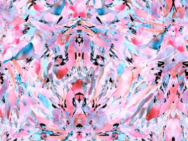 Boho kaleydoskop soyut, kusursuz desen. Pembe kırmızı etnik doku. Suluboya bohem Fas baskısı. Mayo, suluboya, soyut kravat, iç döşeme. Fırça darbesi arka plan