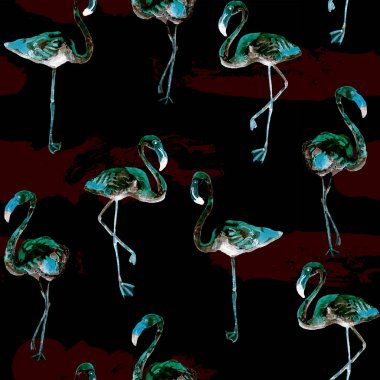 Flamingo deseni. Tropik yaz mavisi siyah iz. Kuşlarla dolu egzotik bahar tekstil arka planı. Moda Hawai Ormanı tekrar eden pürüzsüz fayanslar. Çizgili botanik mayo tasarımı. Miami Vahşi Hayatı.