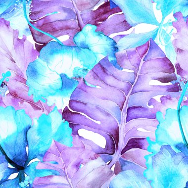 Yaz döngüsü. Suluboya tropik çiçekler ve canavar yaprakları. Palm ve Hibiscus bitkileri kusursuz desende. Yaz Hawaii suluboya geçmişi. Avuç içleri, canavarlar, mayo izleri..