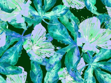 Kalın Çiçek deseni. Blue 'da Büyük Ormansız Parmak İzi, Indigo Arkaplan. Büyük Egzotik Yaz Suluboya Lilikoi Sonsuz Geçmişi. Kalın Çiçek Tasarımı.