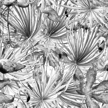 Flamingo deseni. Tropik yaz siyah beyaz baskısı. Kuşlarla dolu egzotik bahar canavarları. Moda Hawai Ormanı tekrar eden pürüzsüz fayanslar. Palm Botanik mayo tasarımı. Miami Vahşi Hayatı.