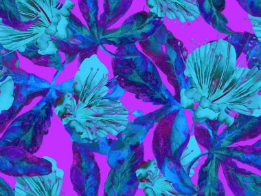 Cesur Çiçek Tasarımı. Mor Arkaplanda Büyük Tropikal Kusursuz Parmak izi. Büyük Egzotik Yaz Sulu Tutku Meyvesi Sonsuz Arkaplan. Sanatsal Kalın Çiçek Tasarımı.