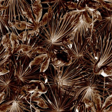 Flamingo deseni. Tropik yaz siyah beyaz baskısı. Kuşlarla dolu egzotik bahar tekstil arka planı. Moda Hawai Ormanı tekrar eden pürüzsüz fayanslar. Palm Botanik mayo tasarımı. Miami Vahşi Hayatı.