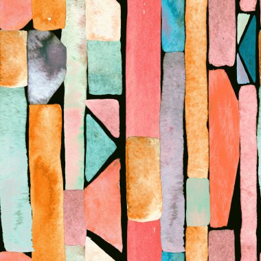 Bauhaus deseni. Çok renkli geometrik suluboya, soyut, dikişsiz baskı. Suluboya çizgili arka plan. Kaleydoskop çizgileri. Çağdaş sanat illüstrasyonu. Bauhaus grafik tasarımı. Moda dokusu