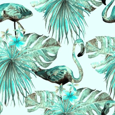 Flamingo deseni. Tropik yaz yeşili kırmızı iz. Kuşlarla dolu egzotik bahar canavarları. Moda Hawai Ormanı tekrar eden pürüzsüz fayanslar. Palm Botanik mayo tasarımı. Miami Vahşi Hayatı.