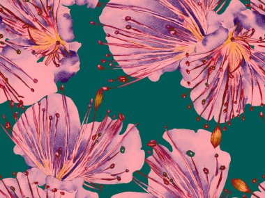 Cesur soyut çiçek deseni. Yeşil ve Kırmızı Arkaplanda Büyük Tropikal Kusursuz Parmak izi. Büyük Hawaii Yaz Kova Tutkusu Meyvesi Sonsuz Arkaplan. Modern Kalın Soyut Çiçek Deseni.