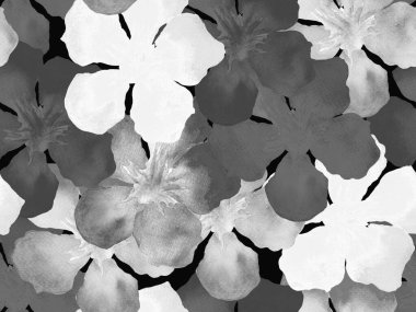 Hawaii suluboya deseni. Siyah ve beyaz tropikal desensiz çiçek deseni. Hibiscus ve zakkum Hawaii 'de. Aloha mayo tasarımı. Egzotik buket moda illüstrasyonu. Suluboya yatay fayans.