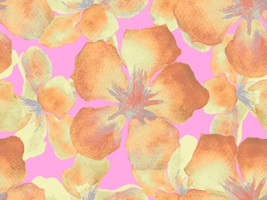 Hawaii suluboya deseni. Pembe kırmızı tropikal desensiz çiçek deseni. Hibiscus ve zakkum Hawaii 'de. Aloha mayo tasarımı. Egzotik buket moda illüstrasyonu. Suluboya yatay fayans.