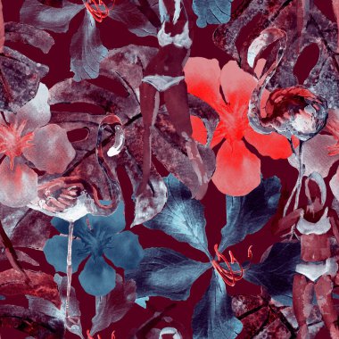 Yaz plajı deseni. Mayo giymiş insanlar egzotik palmiye, yaprak ve çiçeklerin arasında duruyorlar. Yeşil turkuaz parmak izi. Tropik Hawai suluboyası, pürüzsüz fayans. Bikini Miami, güneşlenen kızlar.. 