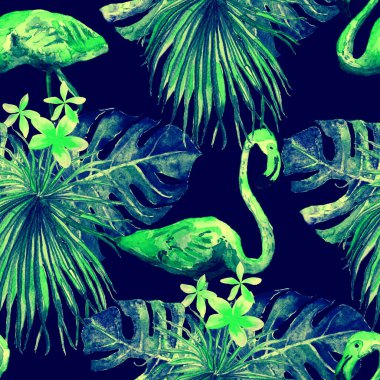 Flamingo deseni. Tropik yaz mavi baskısı. Kuşlarla dolu egzotik bahar tekstil arka planı. Moda Hawai Ormanı tekrar eden pürüzsüz fayanslar. Palm Botanik mayo tasarımı. Miami Vahşi Hayatı.