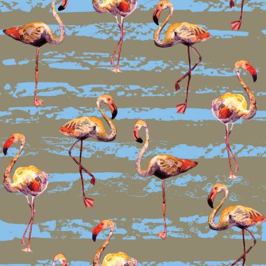 Flamingo deseni. Tropik yaz mavisi kırmızı iz. Kuşlarla dolu egzotik bahar tekstil arka planı. Moda Hawai Ormanı tekrar eden pürüzsüz fayanslar. Çizgili botanik mayo tasarımı. Miami Vahşi Hayatı.