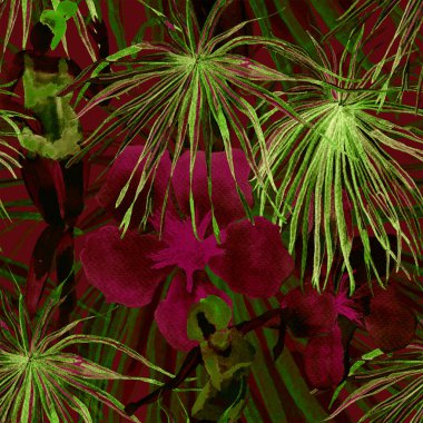 Yaz plajı deseni. Mayo giymiş insanlar egzotik palmiye, yaprak ve çiçeklerin arasında duruyorlar. Yeşil turkuaz parmak izi. Tropik Hawai suluboyası, pürüzsüz fayans. Bikini Miami, güneşlenen kızlar.. 