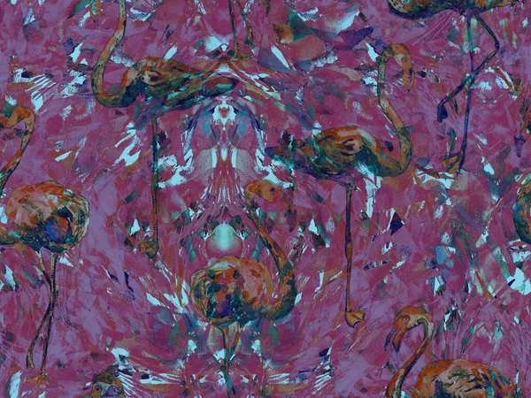 Boho Flamingo Абстрактный Бесшовный Шаблон Розовая Красная Экзотическая Птичья Текстура — стоковое фото