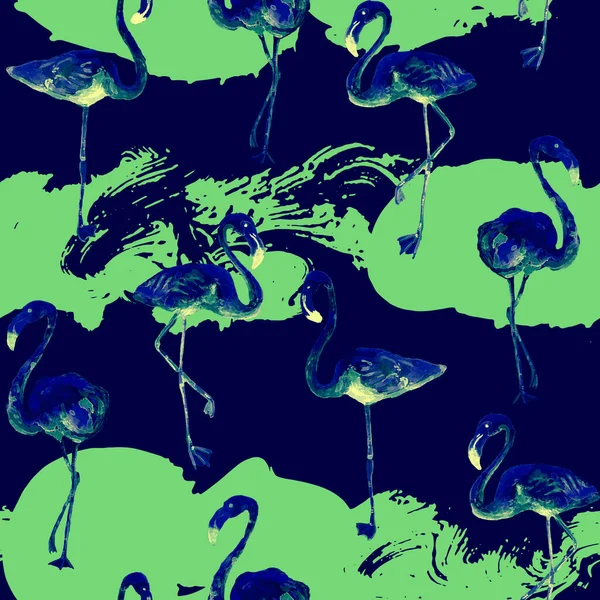 Flamingo Patroon Tropische Zomer Blauwe Zwarte Print Exotische Lente Textiel — Stockfoto