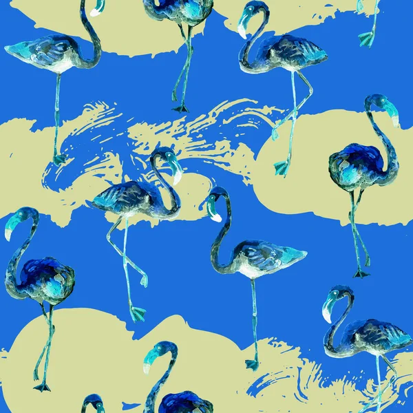 Flamingo pattern. Tropical summer blue white print. Exotic spring textile background with birds. Fashion hawaiian jungle repeated seamless tile. Striped botanical swimwear design. Miami wildlife.