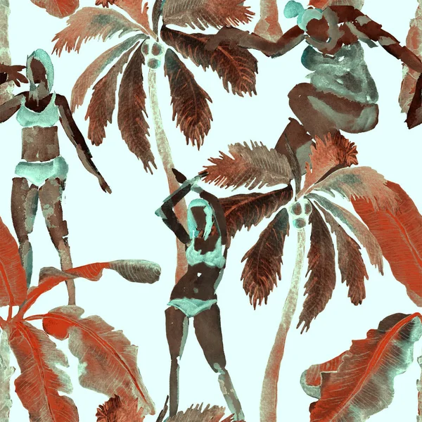 수영복을 사람들은 이국적 야자나무 나뭇잎 사이에서 녹색터 퀴로스 프린트 수채화 — 스톡 사진