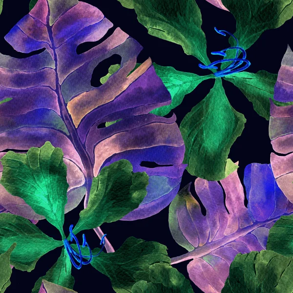 熱帯のパターン エキゾチックな花やモンスターの葉の水の色 パームとハイビスカスのジャングルのシームレスなパターン 春のハワイの水彩画の背景 熱帯のヤシ モンスター ハイビスカスの花 Print — ストック写真