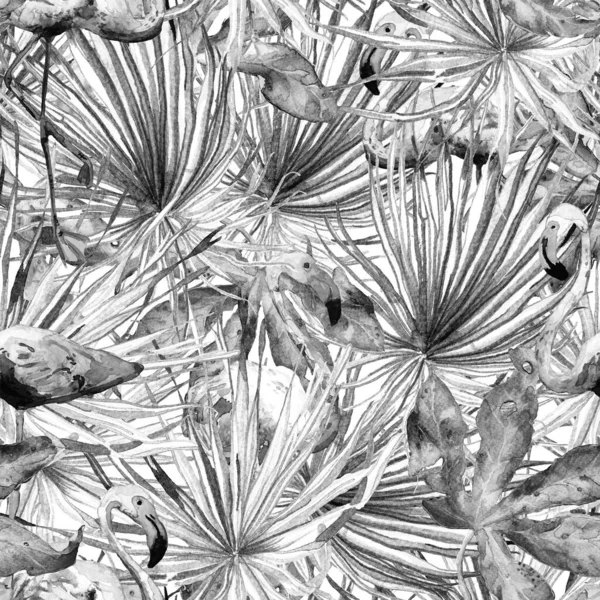 Flamingo deseni. Tropik yaz siyah beyaz baskısı. Kuşlarla dolu egzotik bahar canavarları. Moda Hawai Ormanı tekrar eden pürüzsüz fayanslar. Palm Botanik mayo tasarımı. Miami Vahşi Hayatı.