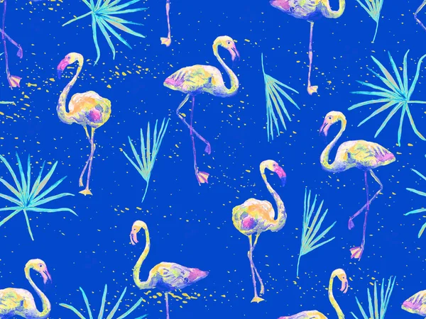 Large hipster flamingo blue hawaiian seamless pattern. Summer tropical birds watercolor endless print.  Saturated hipster swimwear tile with wild feathered fowls. Horizontal tile with flamingos.