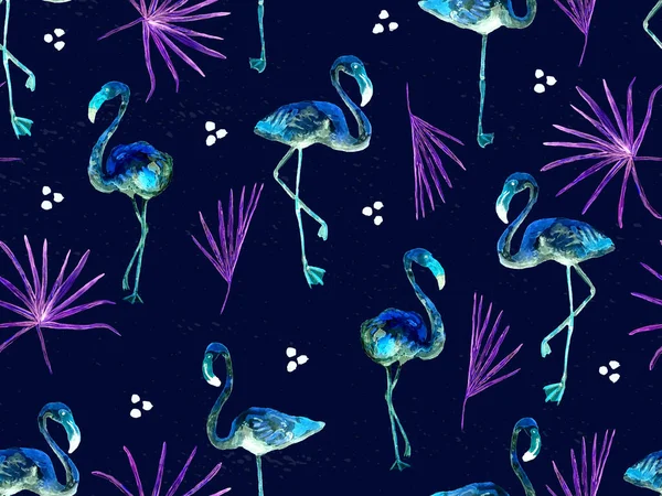 Large hipster flamingo blue hawaiian seamless pattern. Spring saturated watercolor t-shirt print. Saturated hipster swimwear tile with wild feathered fowls. Watercolour horizontal tile.