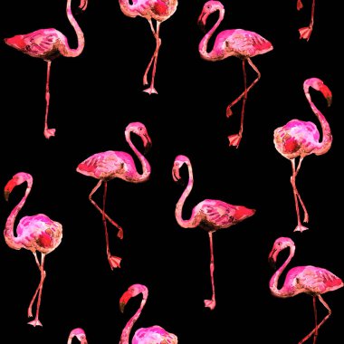 Flamingo deseni. Tropikal yaz siyah pembe iz. Kuşlarla dolu egzotik bahar tekstil arka planı. Moda Hawai Ormanı tekrar eden pürüzsüz fayanslar. Modaya uygun botanik mayo tasarımı. Miami Vahşi Hayatı.
