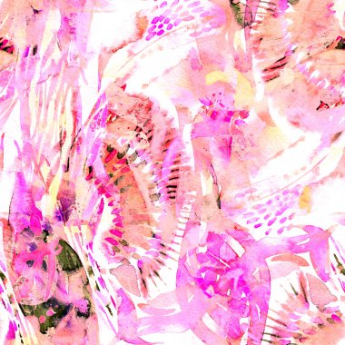 Suluboya tropikal, pürüzsüz desen. Renkli bir arka plan. Doğu suluboya bandanası. Mayo dokusu. Çiçekli Coachella pürüzsüz desen. Etnik soyut karma sanat eserleri.