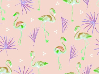 Büyük flamingo hippi kızıl Hawaii 'nin kusursuz deseni. Yaz tropikal kuşları sonsuz baskıyı suluboya. Yaban kuşlarıyla minimalist geometrik mayo arka planı. Flamingolu yatay fayans.