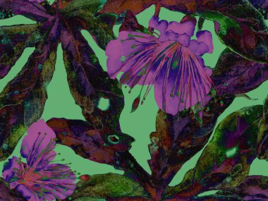 Kalın Çiçek deseni. Mor Arkaplanda Büyük Egzotik Kusursuz Parmak izi. Büyük Hawaii Baharı Maracuya Sonsuz Arkaplanı. Kalın Çiçek Tasarımı.