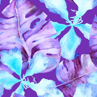 Tropikal desen. Suluboya egzotik çiçekler ve canavar yaprakları. Palm ve Hibiscus bitkileri kusursuz desende. Bahar Hawaii suluboya geçmişi. Avuç içleri, canavarlar, mayo izleri..