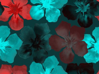 Hawaii suluboya deseni. Çivit mavisi, tropikal, dikişsiz iz. Hibiscus ve zakkum Hawaii 'de. Aloha mayo tasarımı. Egzotik buket moda illüstrasyonu. Suluboya yatay fayans.