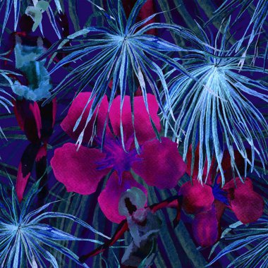 Yaz plajı deseni. Mayo giymiş insanlar egzotik palmiye, yaprak ve çiçeklerin arasında duruyorlar. İndigo lacivert izi. Tropik Hawai suluboyası, pürüzsüz fayans. Bikini Miami, güneşlenen kızlar.. 