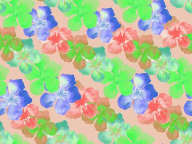 Hawaii suluboya deseni. Yeşil turkuaz çiçekli, dikişsiz tropikal iz. Hibiscus ve zakkum Hawaii 'de. Aloha mayo tasarımı. Egzotik buket moda illüstrasyonu. Suluboya yatay fayans.