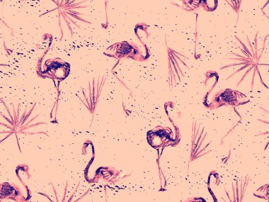 Büyük flamingo hippi kızıl Hawaii 'nin kusursuz deseni. Yaz tropikal kuşları sonsuz baskıyı suluboya. Doymuş hippi mayo, tüylü kuşları olan fayanslar. Suluboya yatay fayans.