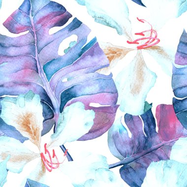 Yaz döngüsü. Suluboya tropik çiçekler ve canavar yaprakları. Palm ve Hibiscus bitkileri kusursuz desende. Bahar Hawaii suluboya geçmişi. Avuç içleri, canavarlar, mayo izleri..