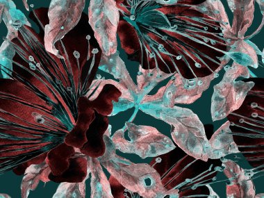 Cesur Çiçek Tasarımı. Yeşil, Mavi Arkaplanda Büyük Hawaii Kusursuz Parmak izi. Büyük Hawaii Yaz Aquarelle Granadilla Sonsuz Arkaplan. Sanatsal Kalın Çiçek Tasarımı.