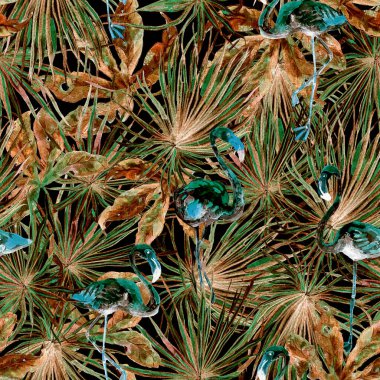 Flamingo deseni. Tropik yaz yeşili kırmızı iz. Kuşlarla dolu egzotik bahar canavarları. Moda Hawai Ormanı tekrar eden pürüzsüz fayanslar. Palm Botanik mayo tasarımı. Miami Vahşi Hayatı.