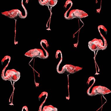 Flamingo deseni. Tropik yaz suluboya baskısı. Kuşlarla dolu egzotik bahar tekstil arka planı. Moda Hawai Ormanı tekrar eden pürüzsüz fayanslar. Modaya uygun botanik mayo tasarımı. Miami Vahşi Hayatı.