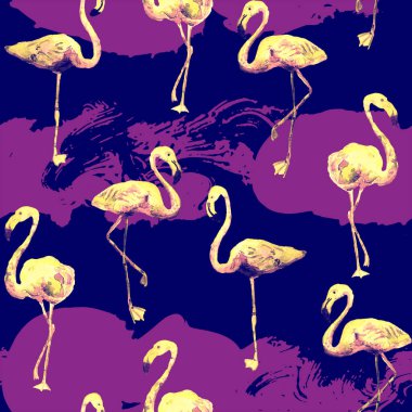 Flamingo deseni. Tropik yaz kırmızısı mavi iz. Kuşlarla dolu egzotik bahar tekstil arka planı. Moda Hawai Ormanı tekrar eden pürüzsüz fayanslar. Çizgili botanik mayo tasarımı. Miami Vahşi Hayatı.
