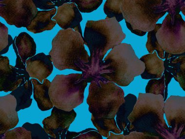 Hawaii suluboya deseni. Çivit mavisi, tropikal, dikişsiz iz. Hibiscus ve zakkum Hawaii 'de. Aloha mayo tasarımı. Egzotik buket moda illüstrasyonu. Suluboya yatay fayans.